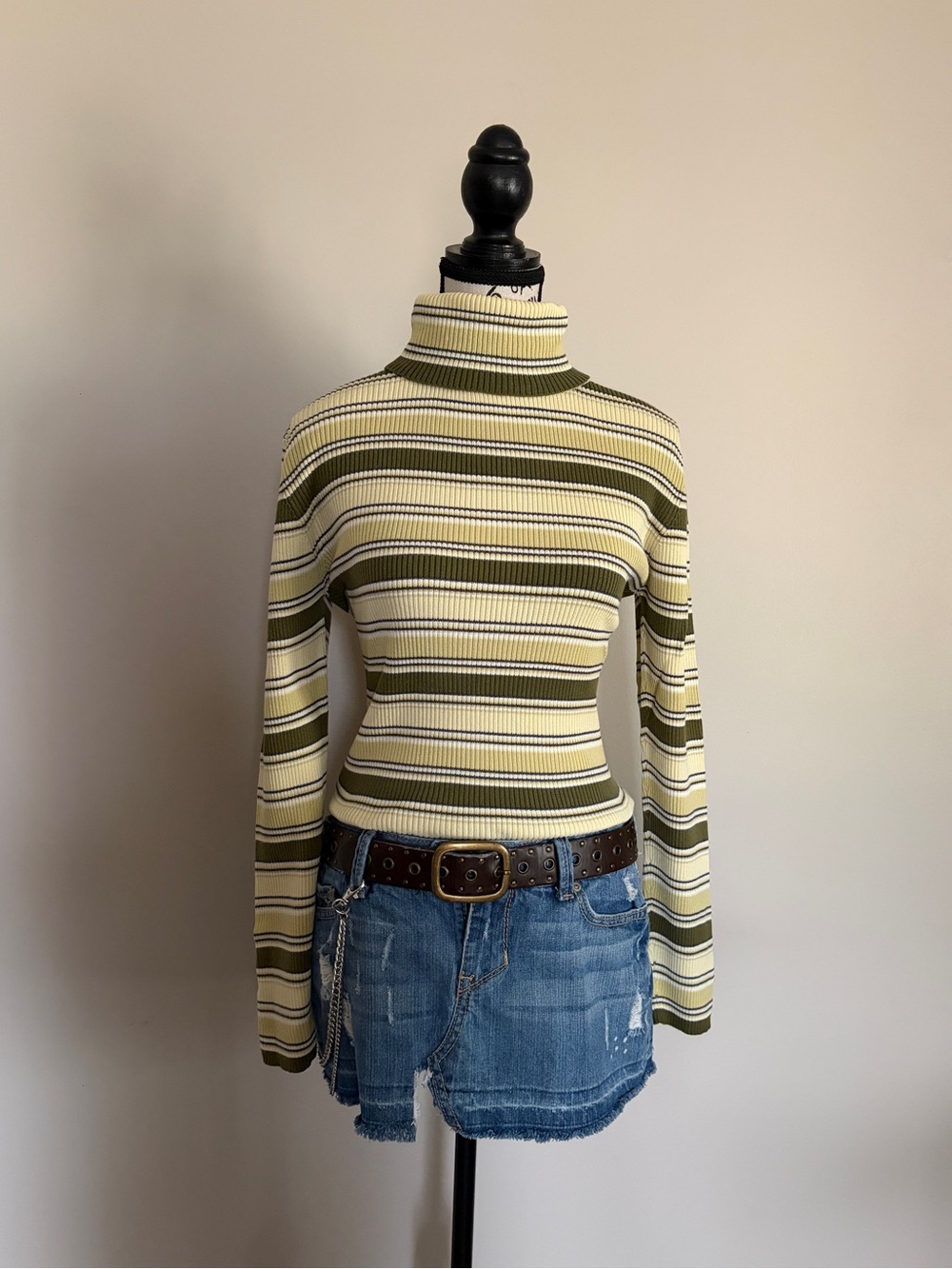 Vintage 90s Jessica Preppy Olive Striped Ribbed Turtleneck Sweater Fall Layering